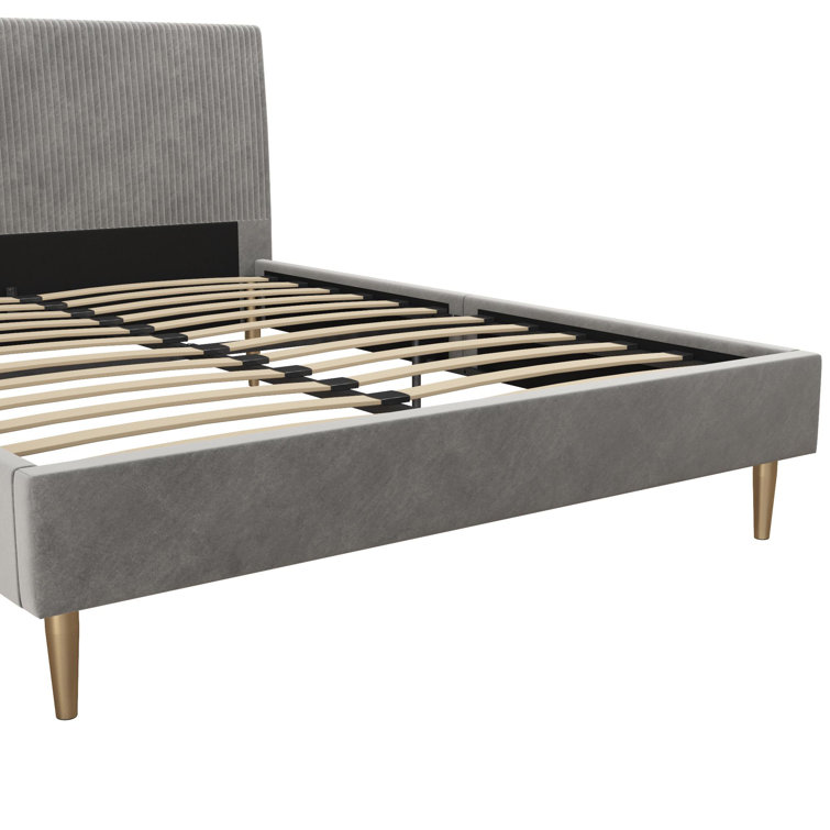 Daphne Light Gray Velvet Upholstered Bed with Brass Toned Legs