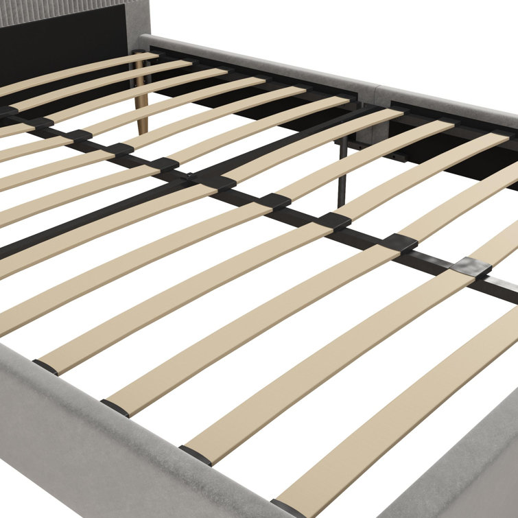 Daphne Light Gray Velvet Upholstered Bed with Brass Toned Legs