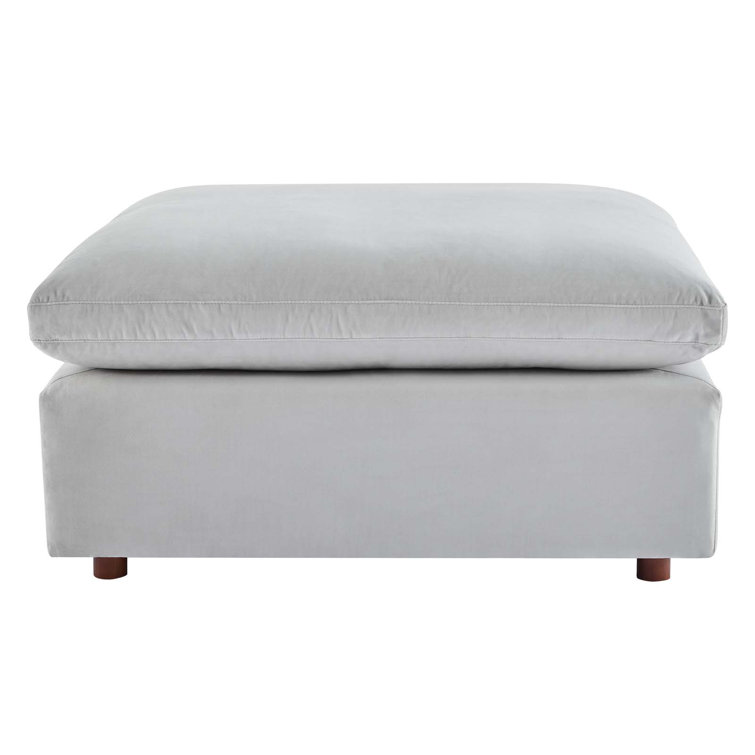 Light Gray Velvet Overstuffed Ottoman with Solid Wood Frame