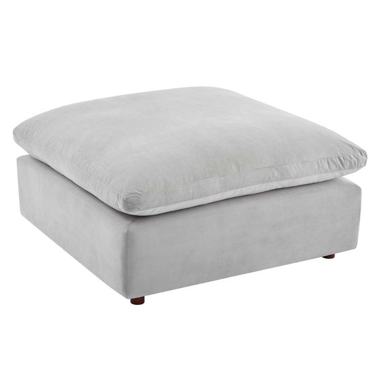 Light Gray Velvet Overstuffed Ottoman with Solid Wood Frame