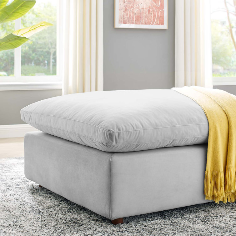 Light Gray Velvet Overstuffed Ottoman with Solid Wood Frame