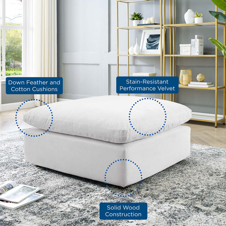 White Velvet Overstuffed Ottoman with Down Filled Cushions
