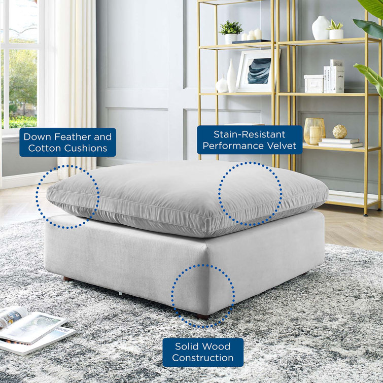Light Gray Velvet Overstuffed Ottoman with Solid Wood Frame
