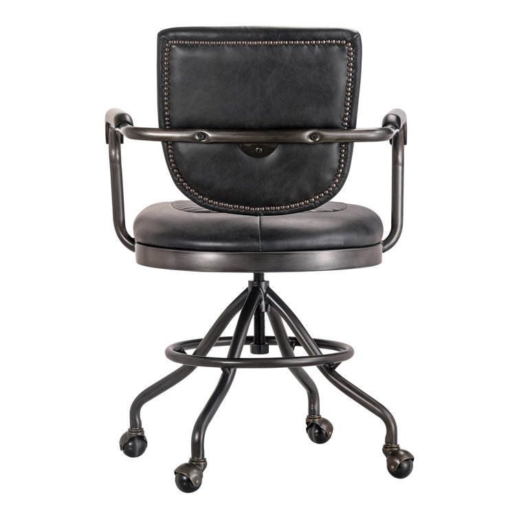 Black Top Grain Leather Swivel Desk Chair with Metal Base