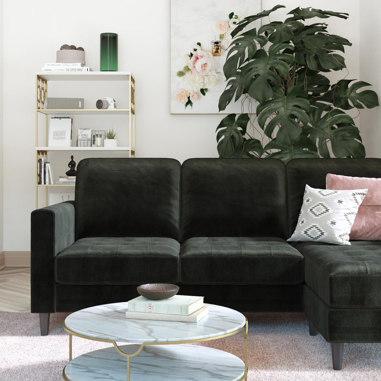 Strummer 81.63" Black Velvet Reversible Sectional Sofa with Ottoman