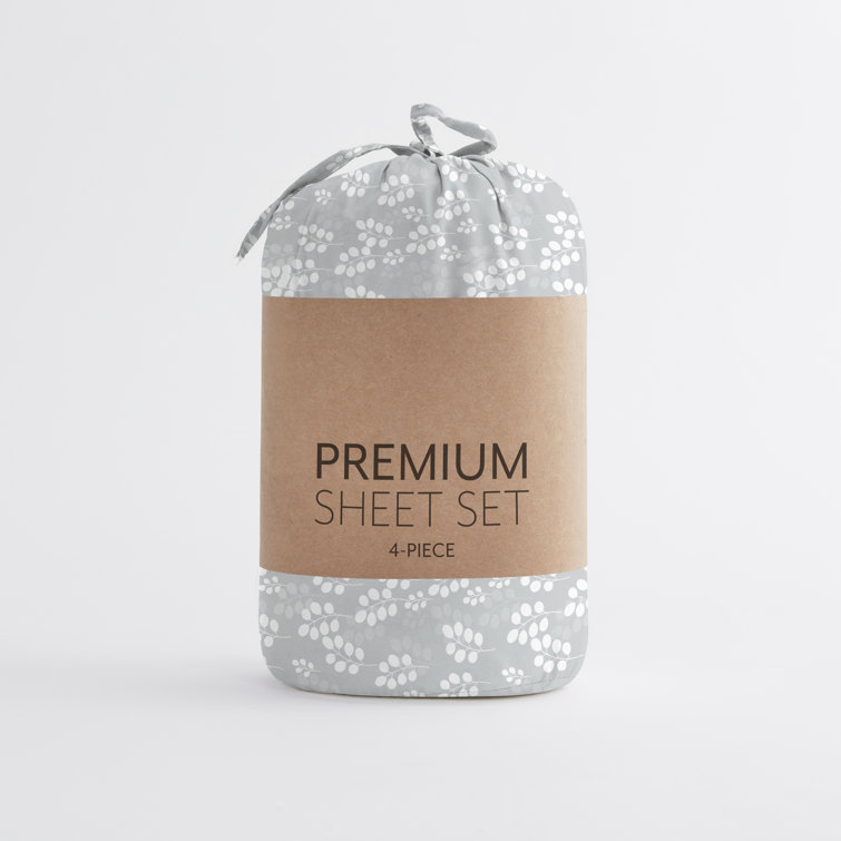 Gray Queen Microfiber Botanical Print Sheet Set
