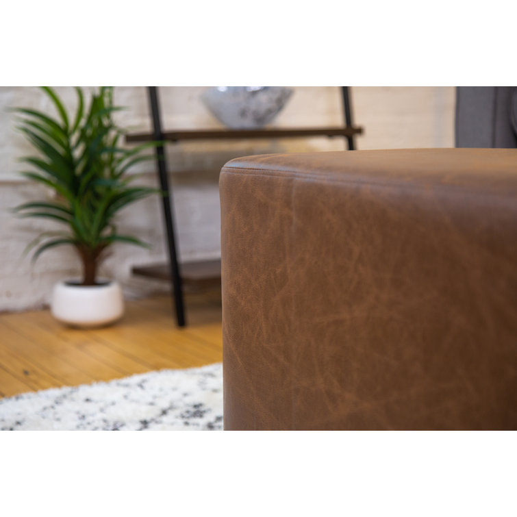 Distressed Brown Faux Leather Upholstered Bench with Black Metal Base