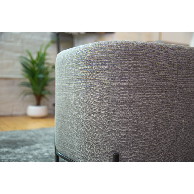 Gray Basketweave Upholstered Ottoman with Black Metal Base