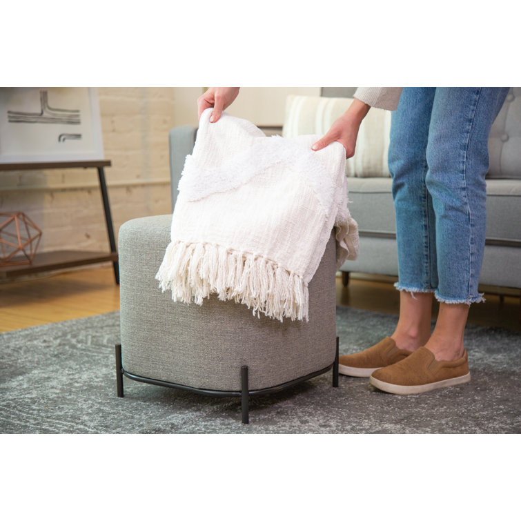 Gray Basketweave Upholstered Ottoman with Black Metal Base