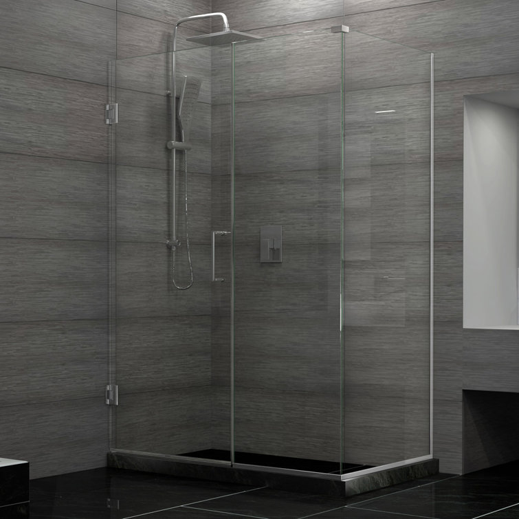 Unidoor Plus Frameless Clear Glass Hinged Shower Enclosure with Distressed Bronze Hardware