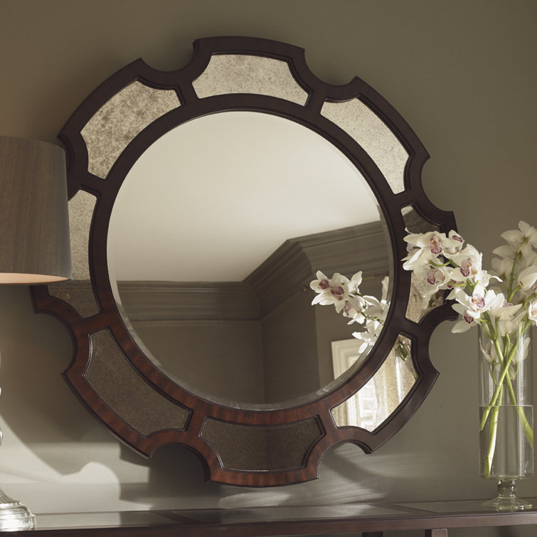 Transitional Kensington 45" Round Wood Mirror with Silver Accents