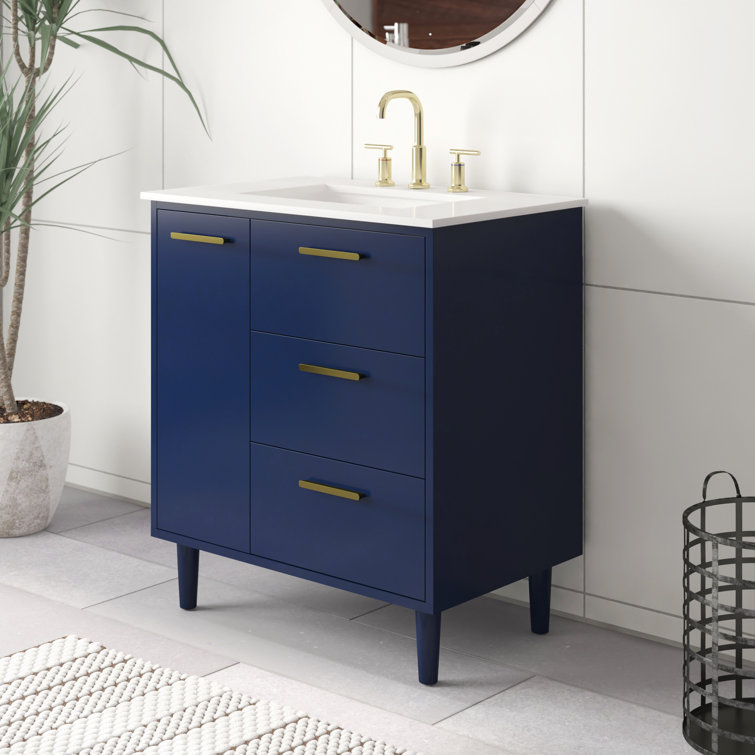 Blue Solid Wood and MDF Bathroom Vanity with Gold Accents