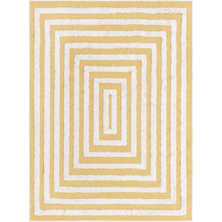 Yellow and Ivory Geometric Flat Woven Cotton Area Rug