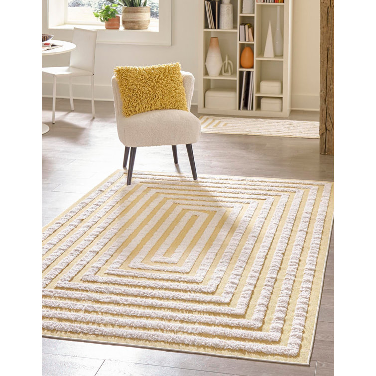 Yellow and Ivory Geometric Flat Woven Cotton Area Rug