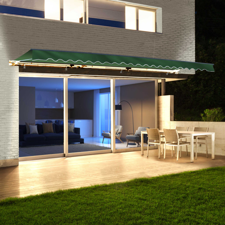 Red and White Striped Motorized Patio Awning with LED Lights