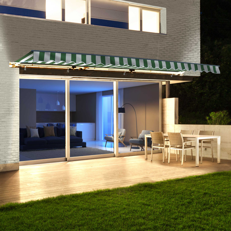 Red and White Striped Motorized Patio Awning with LED Lights