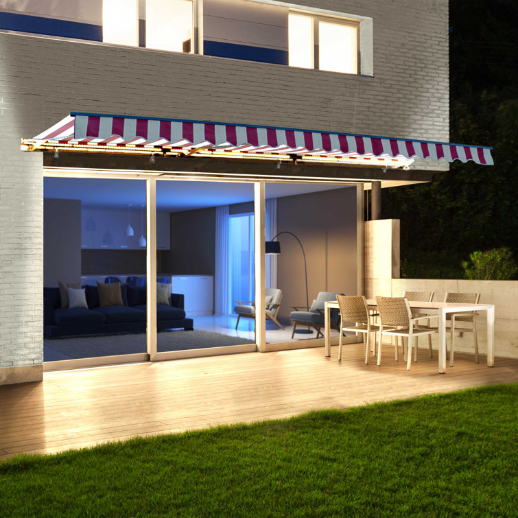 Red and White Striped Motorized Patio Awning with LED Lights
