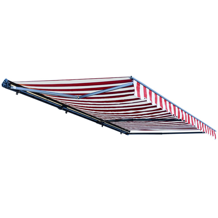 Red and White Striped Motorized Patio Awning with LED Lights