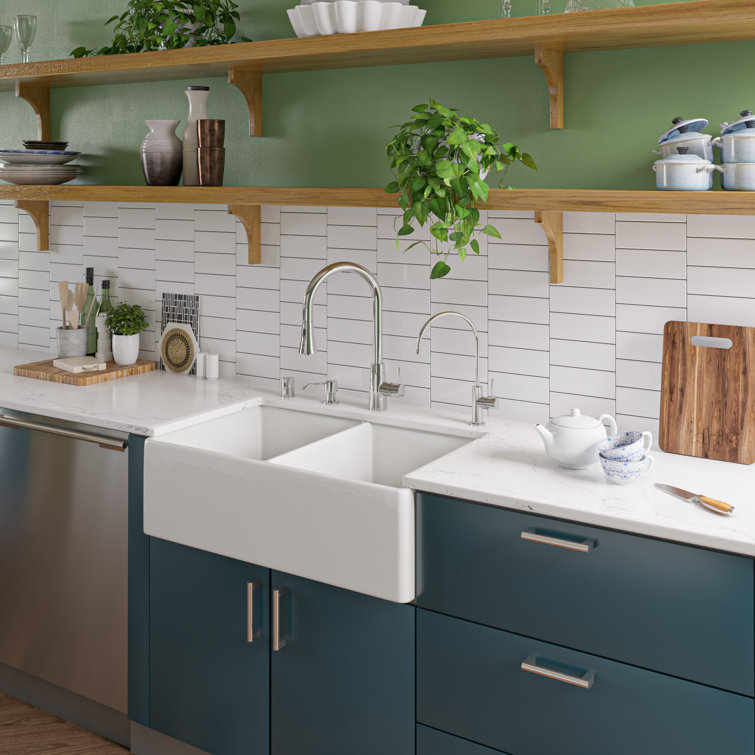 White 32.75'' Double Bowl Fireclay Farmhouse Kitchen Sink