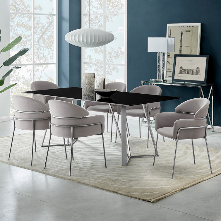 Contemporary Gray Velvet High-Back Armchair with Metal Cross Back