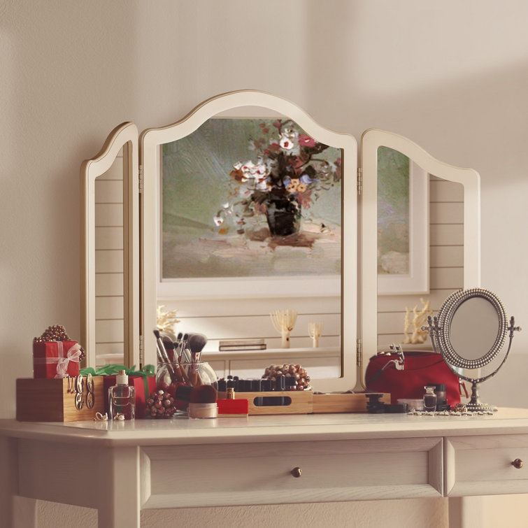 Vintage White Trifold Large Vanity Makeup Mirror, Tabletop Mount