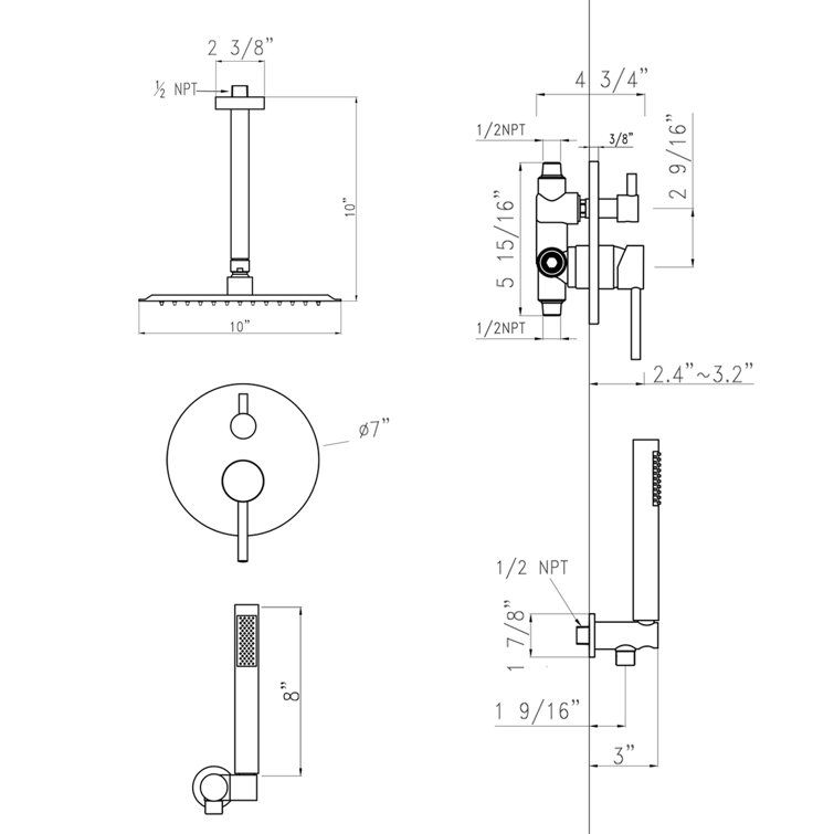 Black Ceiling Mounted Shower System with Handheld Nozzle