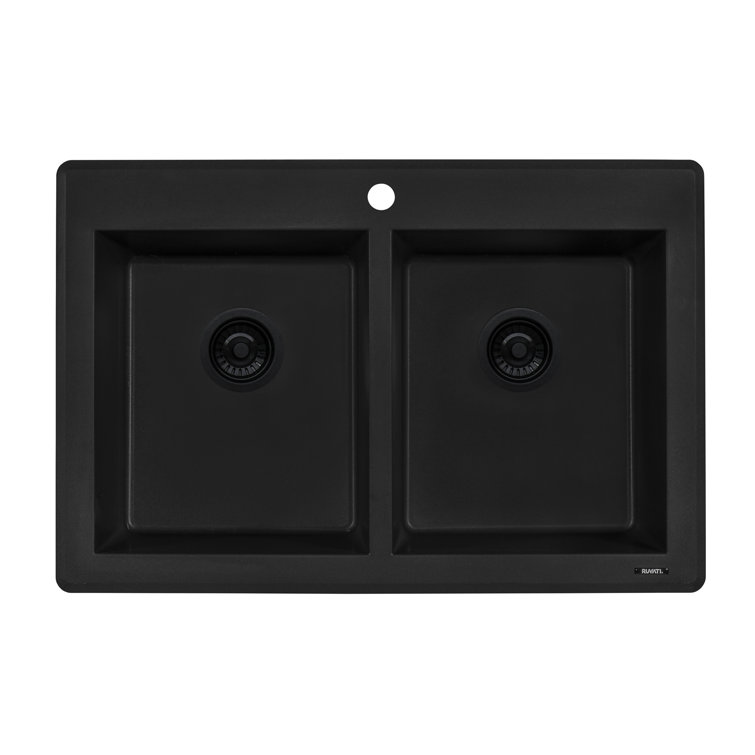 Midnight Black Granite Composite Double Bowl Drop-In Sink
