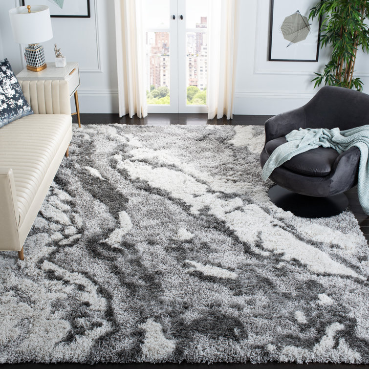 Grey and Ivory Abstract Shag Synthetic Area Rug 11' x 15'