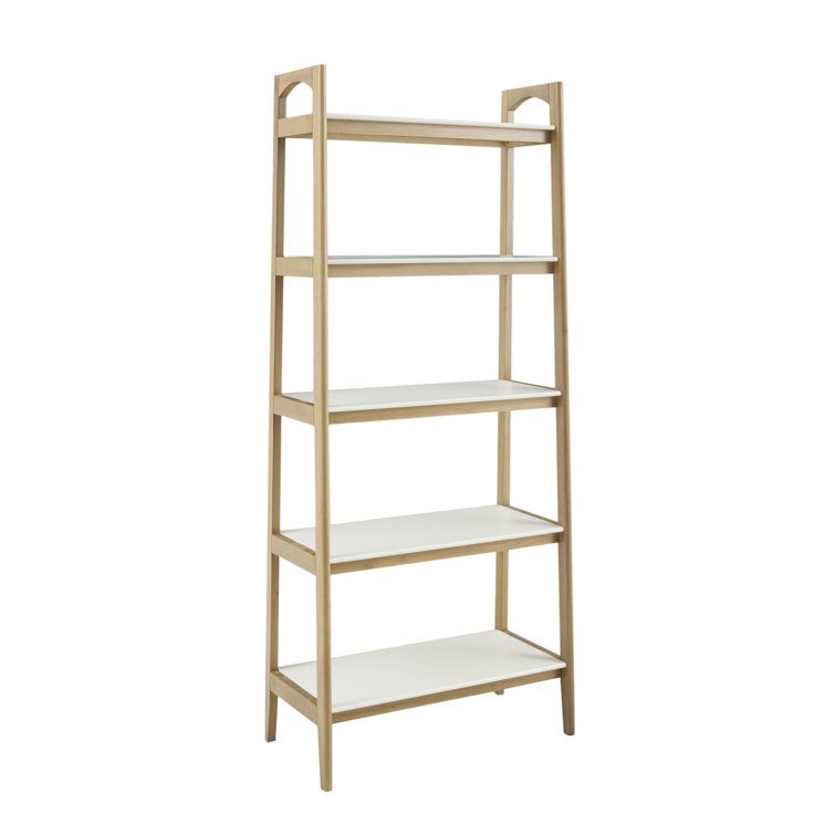 Parker Mid-Century Solid Wood and MDF Ladder Bookcase in Off-White/Natural