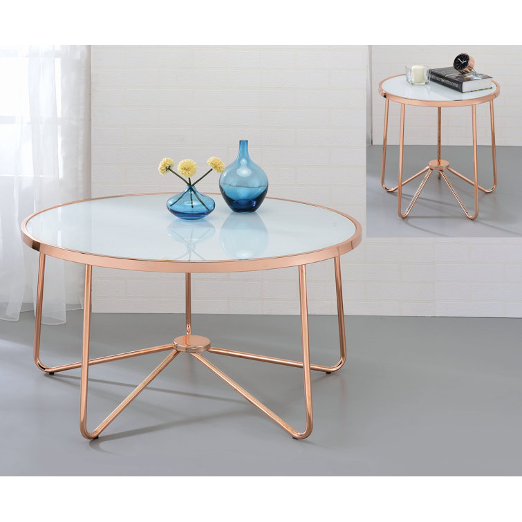 Small Round Copper and Frosted Glass Coffee Table