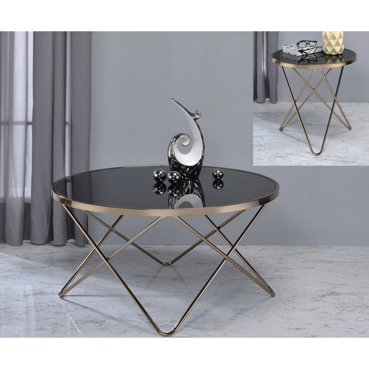 Eloise 34" Round Black Glass Coffee Table with Metal Base