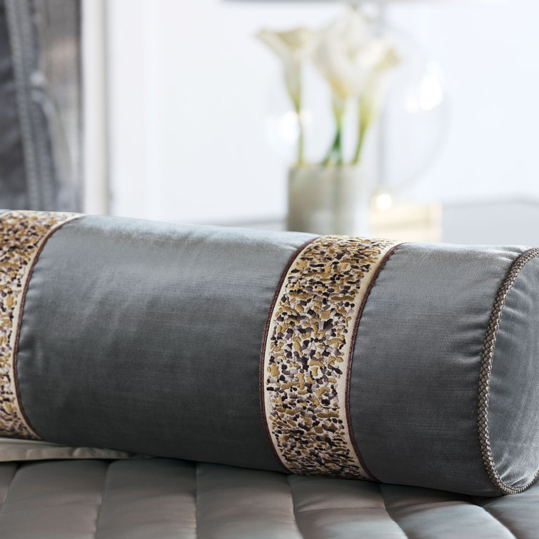 Gray Velvet Embroidered Bolster Pillow with Appliqued Trim
