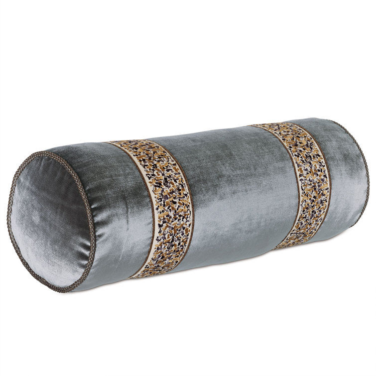 Gray Velvet Embroidered Bolster Pillow with Appliqued Trim