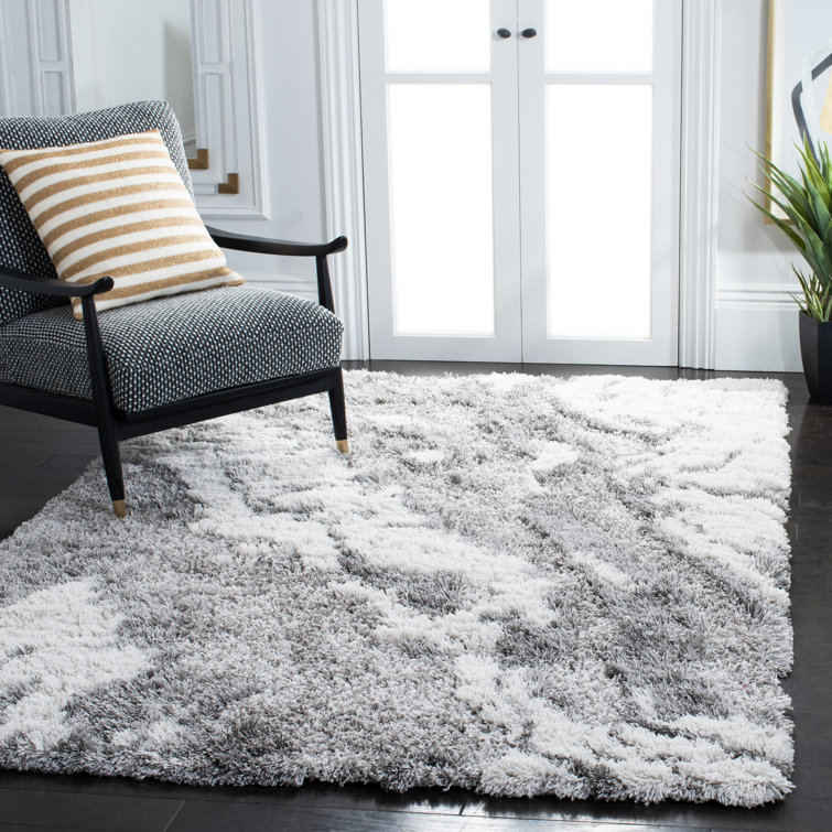 Grey and Ivory Abstract Shag Synthetic Area Rug 11' x 15'