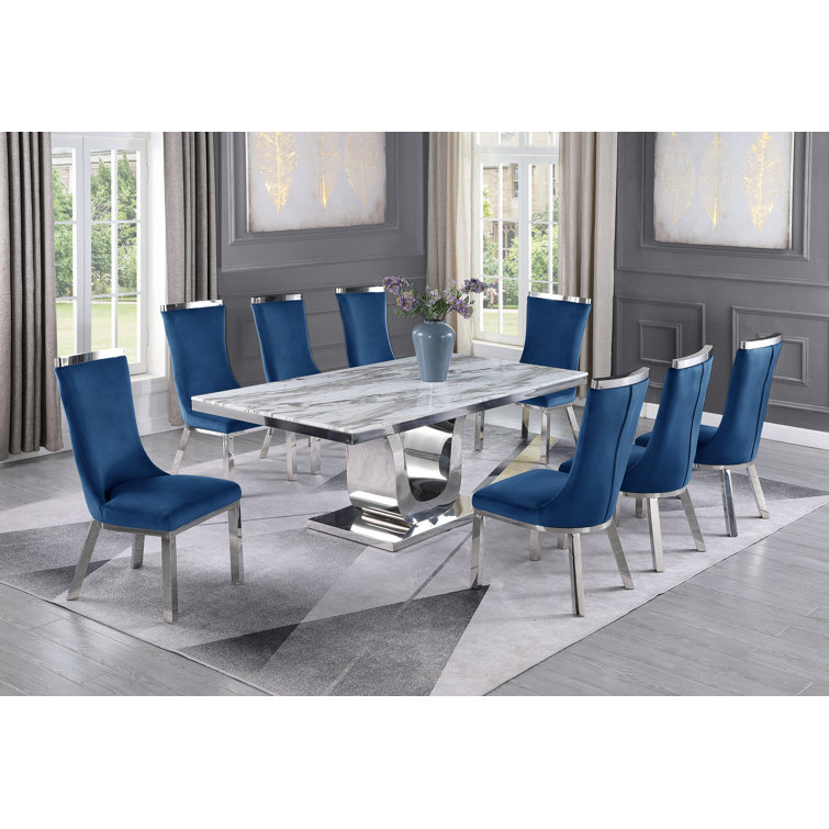 White Marble and Navy Blue Velvet 9-Piece Pedestal Dining Set
