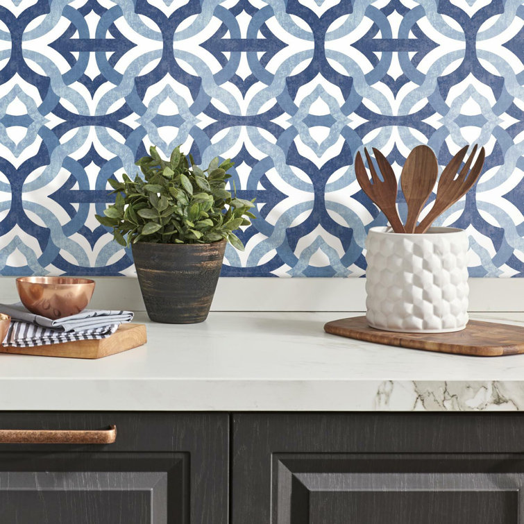 Blue and White Geometric Vinyl Peel and Stick Wallpaper Roll