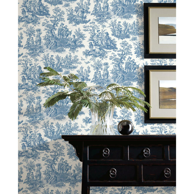 Blue and White Vinyl Peel & Stick Toile Wallpaper Roll