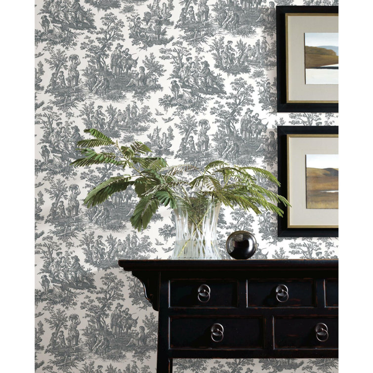 Gray and White Vinyl Country Life Toile Peel and Stick Wallpaper
