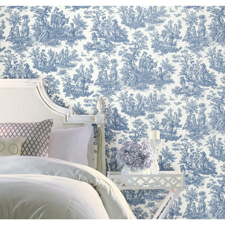 Blue and White Vinyl Peel & Stick Toile Wallpaper Roll