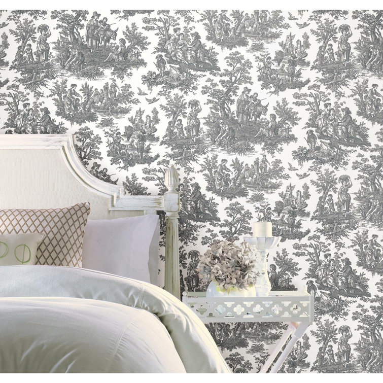 Gray and White Vinyl Country Life Toile Peel and Stick Wallpaper