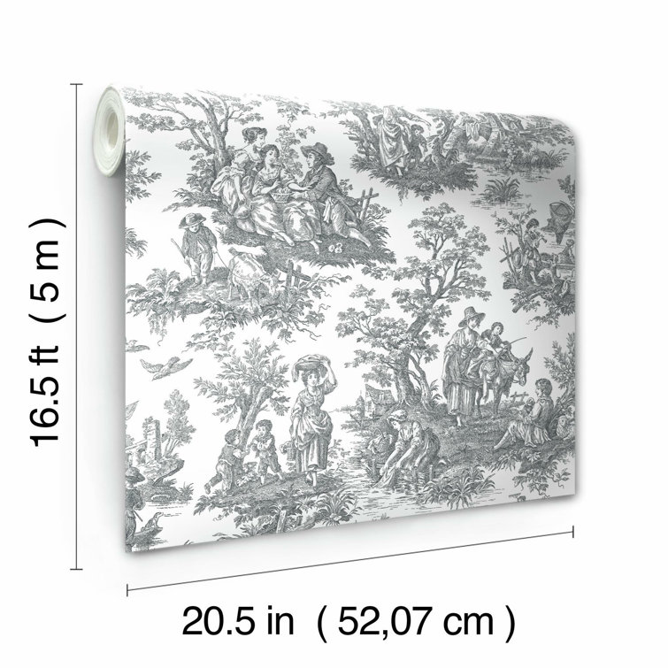 Gray and White Vinyl Country Life Toile Peel and Stick Wallpaper