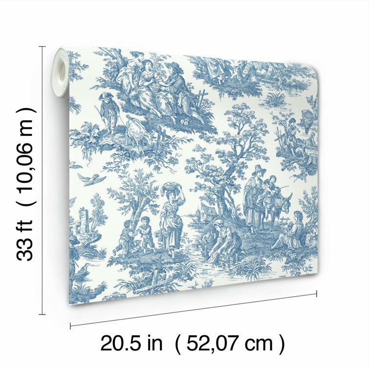 Blue and White Vinyl Peel & Stick Toile Wallpaper Roll