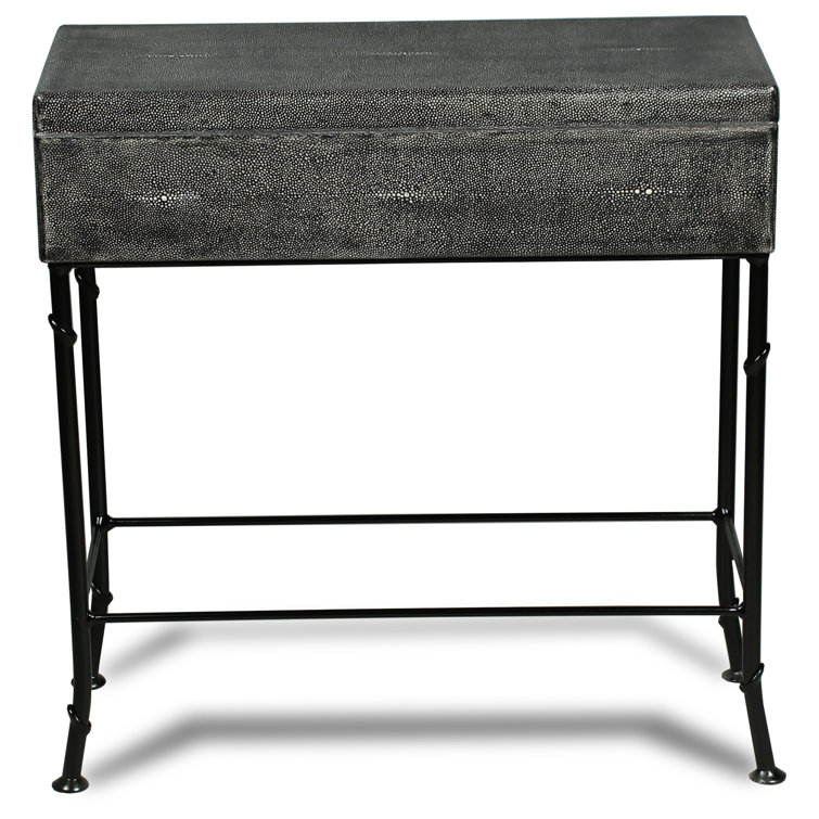 Contemporary Gray Shagreen Leather & Iron Storage End Table