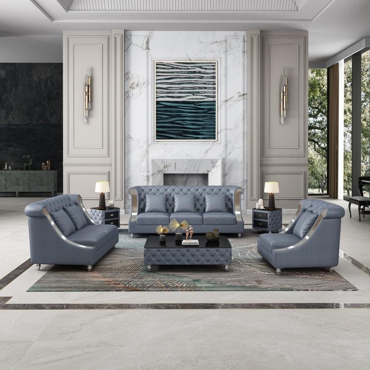 Mayfair Elegance 66.5'' Gray Italian Leather Loveseat with Tufted Details