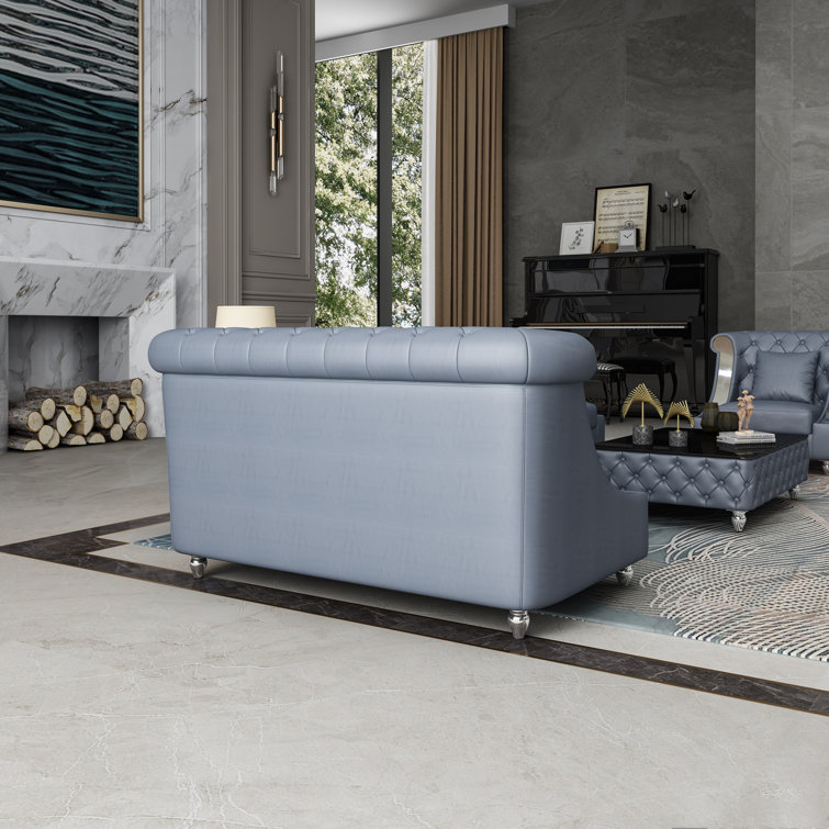 Mayfair Elegance 66.5'' Gray Italian Leather Loveseat with Tufted Details