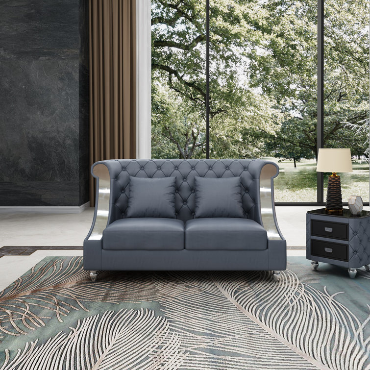 Mayfair Elegance 66.5'' Gray Italian Leather Loveseat with Tufted Details