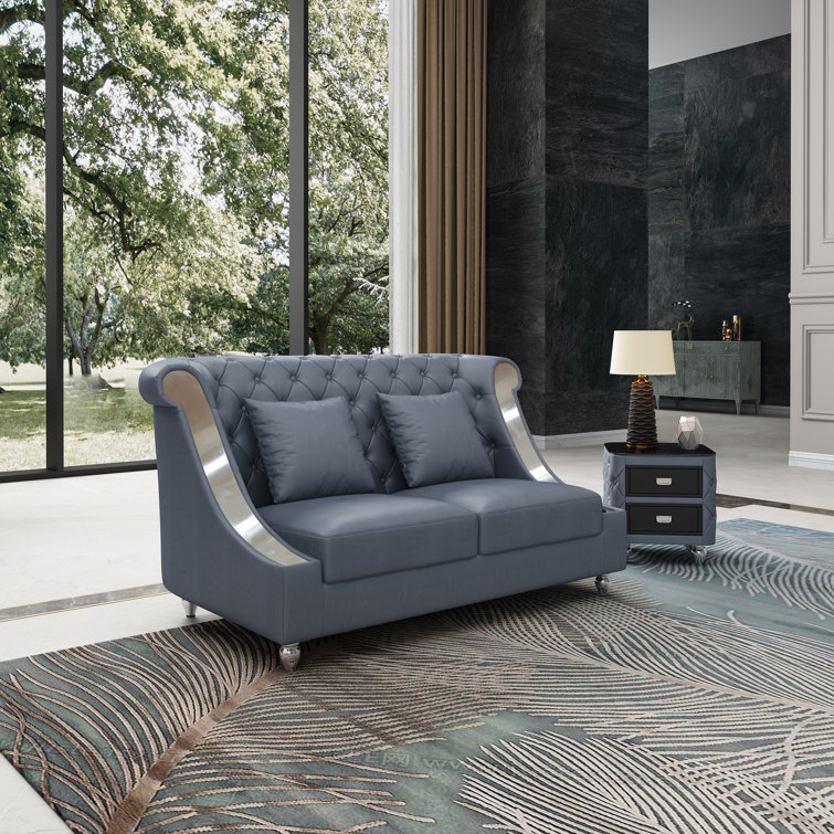 Mayfair Elegance 66.5'' Gray Italian Leather Loveseat with Tufted Details