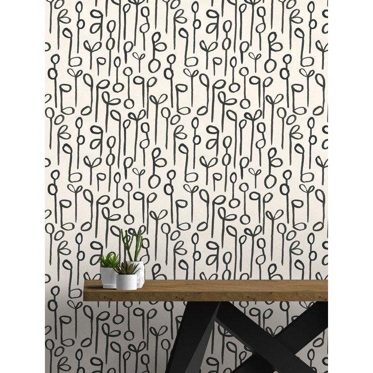 Cream and Black Abstract Botanical Non-Pasted Wallpaper