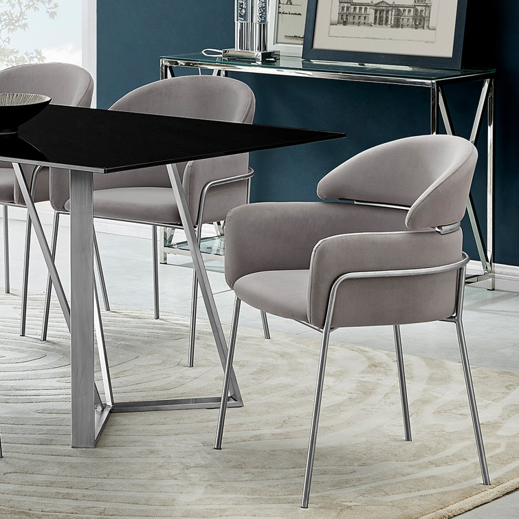 Contemporary Gray Velvet High-Back Armchair with Metal Cross Back