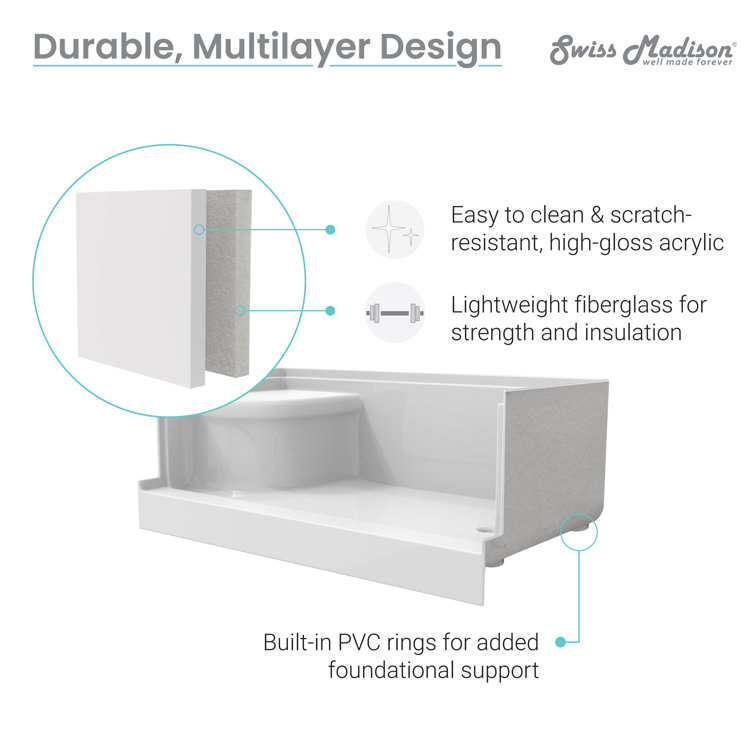 White Acrylic Single Threshold Shower Base with Seat and Right Drain